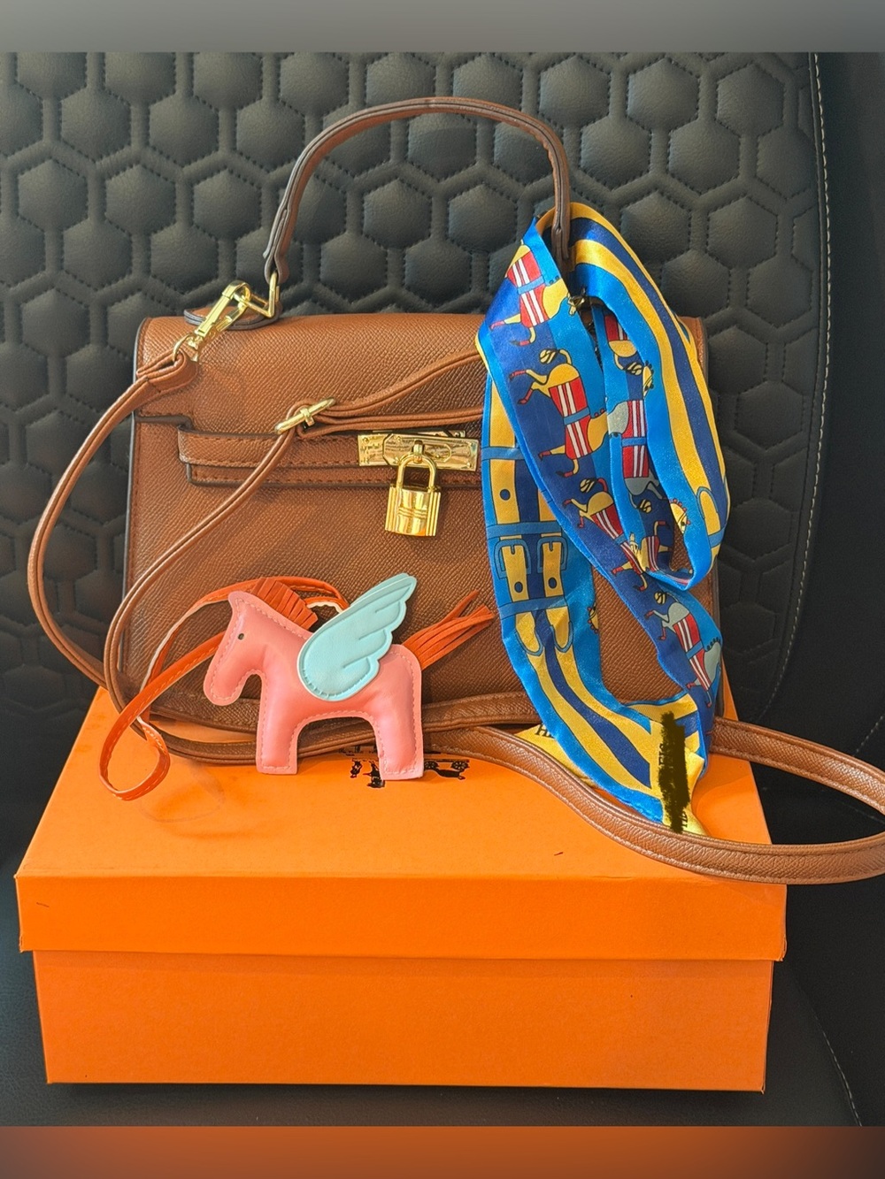 Brown Handbag with Charm and Twilly